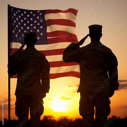 USA army soldiers saluting on a background of sunset