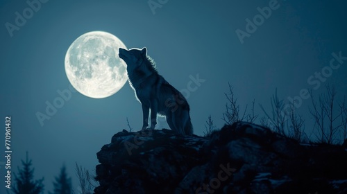 A wolf is standing on a rock in front of a full moon. The image has a mysterious and eerie mood, as the wolf's howl echoes in the darkness. The full moon adds to the sense of mystery © Rattanathip