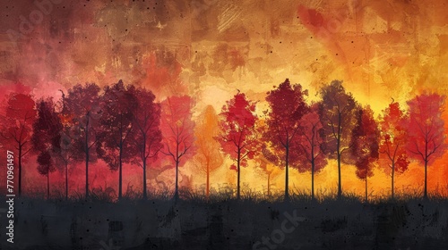 A painting of a forest with trees in various stages of autumn. The trees are painted in different shades of red  orange  and yellow  creating a warm and inviting atmosphere