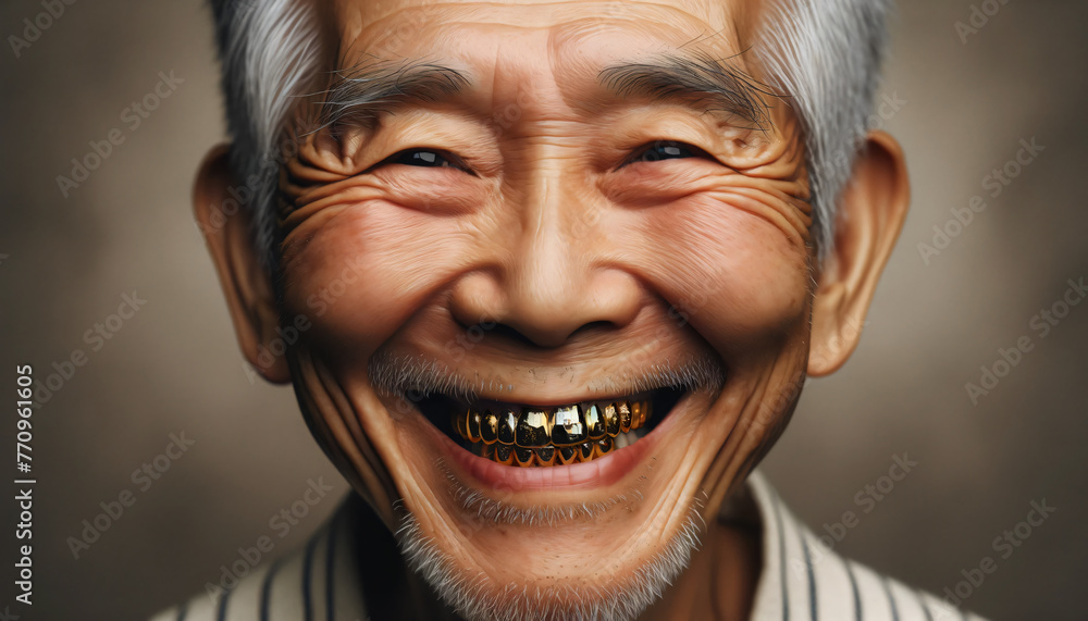 Close-up portrait of Chinese old man with golden teeth Close-up portrait of Chinese old man with golden teeth