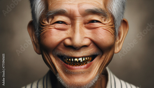 Close-up portrait of Chinese old man with golden teeth