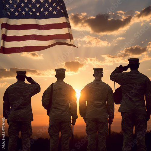 USA army soldiers saluting on a background of sunset