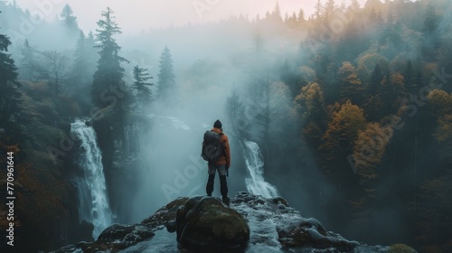 A man stands on a rock overlooking a waterfall. The scene is serene and peaceful, with the misty atmosphere adding to the sense of tranquility