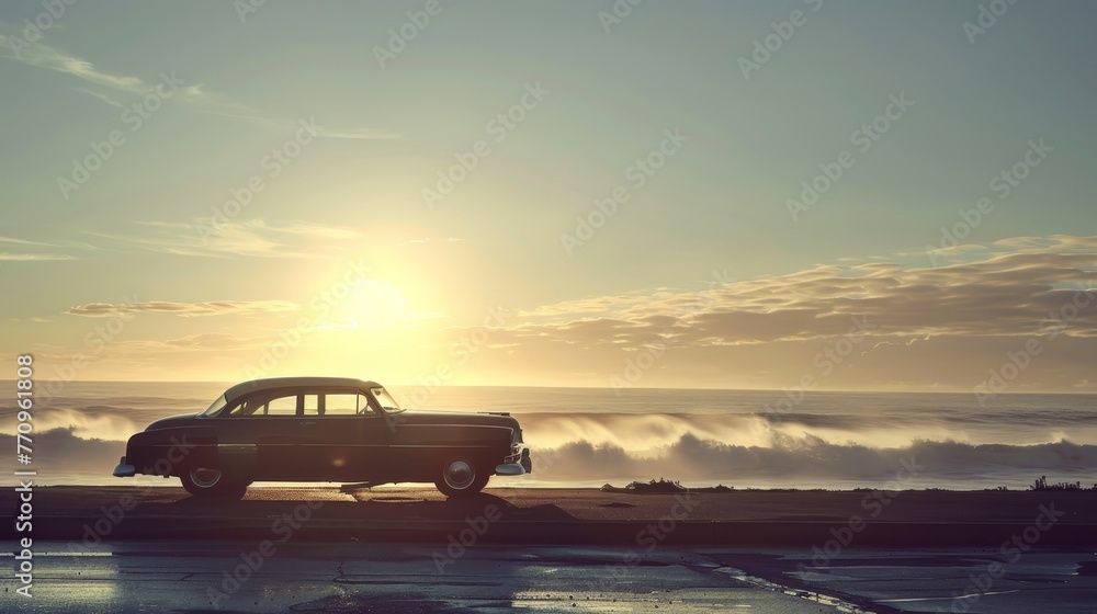 A vintage car is parked on the side of a road near the ocean. The sun is setting, casting a warm glow over the scene. The car is the main focus of the image, and it is a classic model