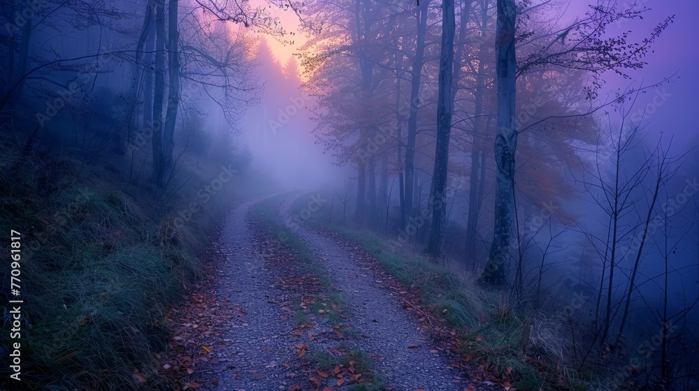 Obraz premium A foggy forest road with trees in the background. The road is covered in leaves and the sky is a deep purple