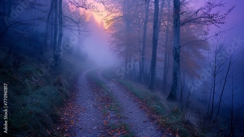 A foggy forest road with trees in the background. The road is covered in leaves and the sky is a deep purple