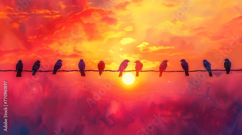A group of birds are perched on a wire  with the sun in the background. The birds are in various positions  some closer to the viewer and others further away. The scene has a peaceful