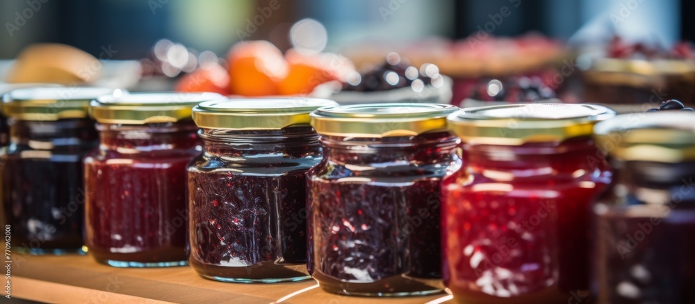 A row of mason jars filled with various types of jam, showcasing different colors and flavors of preserved food. The liquid magenta ingredients are stored in food storage containers for culinary use A row of mason jars filled with various types of jam, showcasing different colors and flavors of preserved food. The liquid magenta ingredients are stored in food storage containers for culinary use