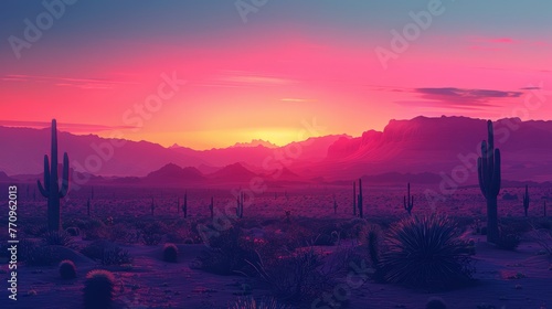 A desert landscape with a pink and purple sky. The sun is setting and the sky is filled with clouds. The desert is full of cacti and the landscape is very dry