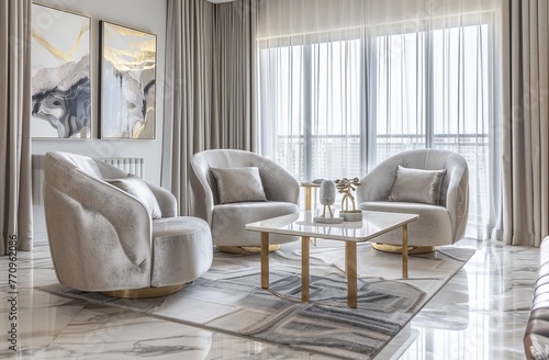 Modern luxury living room with neutral color scheme, light gray velvet fabric armchairs and gold metal coffee table