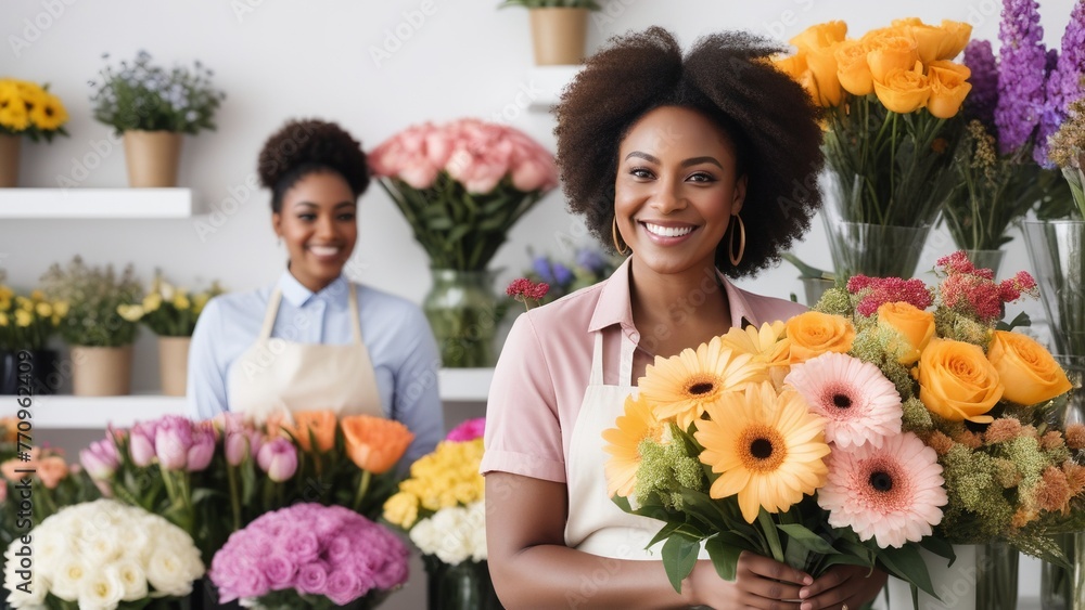 Female florist in flower shop or nursery presenting a bouquet of flowers