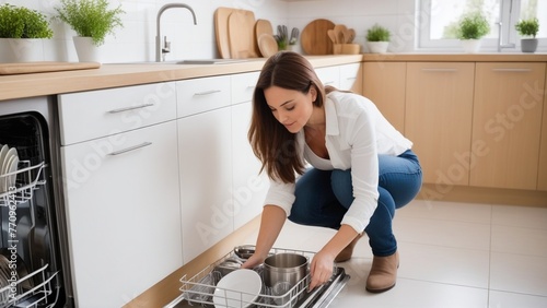 Young woman putting plates in the dishwasher photo