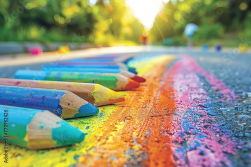 Colorful chalk sticks on pavement with sunflare in the background. photo