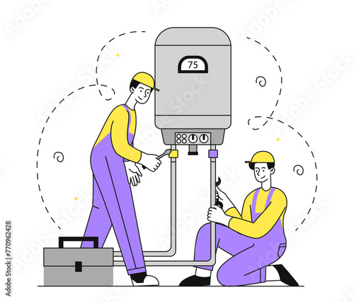 Gas boiler workers vector linear