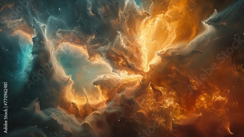 A colorful space scene with orange and blue clouds. Concept of wonder and awe at the vastness and beauty of the universe