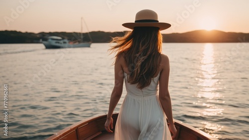 Young woman standing on the bow of a boat enjoying the sea view at sunset