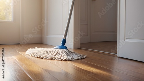 Housework - sweeper wet mop on laminate floors. photo