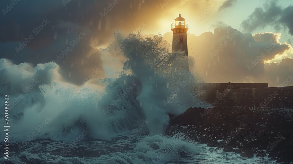 A lighthouse is in the middle of a stormy sea. The waves are crashing against the rocks and the lighthouse is being battered by the force of the water. The scene is intense and dramatic
