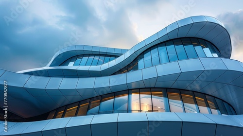 A large building with a lot of windows and a curved design. The building is very tall and has a modern look