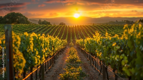 A vineyard with rows of vines and a sun setting in the background. The sun is setting behind the hills, casting a warm glow over the vineyard