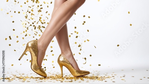 Beautiful female legs with high heel shoes with confetti isolated on white background