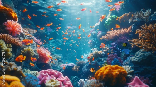 A colorful underwater scene with many fish and coral. Scene is vibrant and lively, with the bright colors of the fish and coral creating a sense of energy and movement © Rattanathip