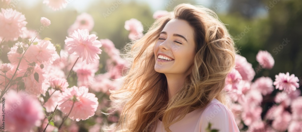 The woman with her hair styled in a bun is smiling happily amidst a field of pink flowers, surrounded by grass and petals The woman with her hair styled in a bun is smiling happily amidst a field of pink flowers, surrounded by grass and petals