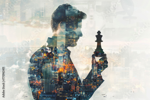 A double exposure image of a businessman holding a chess king in his hand, overlaid with a cityscape image