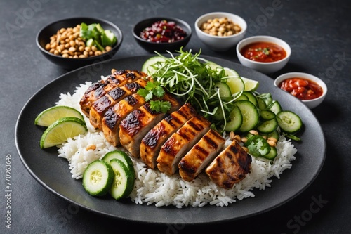 Char grilled marinated chicken, lemongrass, kaffir lime  coconut sauce, compressed rice, pickled onion, cucumber  herb salad, chilli jam, toasted peanuts