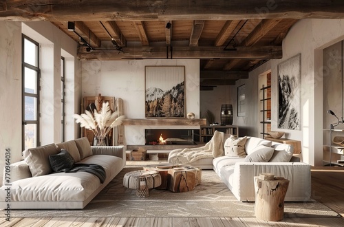 Living room with fireplace, sofa and coffee table in neutral tones