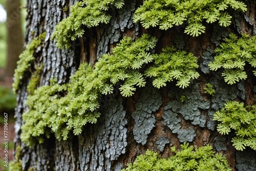 Close up of lichen squamulose growing on the north side of a tree trunk in Lyon Arboretum photo