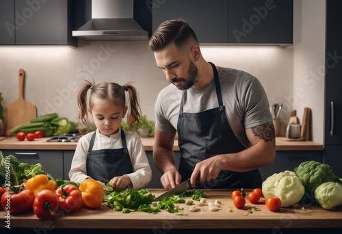 Dad and daughter cook a salad together, joint weekends and fun photo