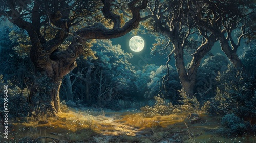 A painting of a forest with a large moon in the sky. The mood of the painting is serene and peaceful © Rattanathip