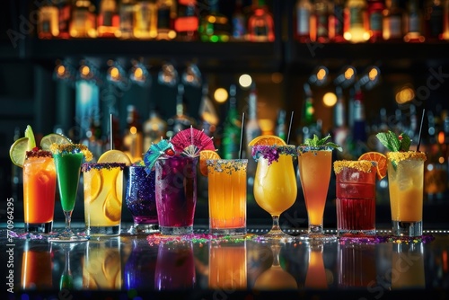 A colorful array of Mardi Gras themed cocktails on a bar with festive decorations.