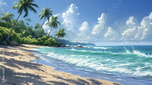 A beautiful beach scene with palm trees and a large body of water. The sky is cloudy  but the sun is still shining through. Scene is peaceful and relaxing