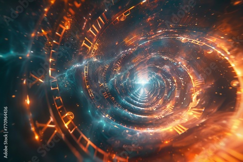 Merge the enigma of time travel theories with captivating visuals in a lowangle view graphic Illuminate the complexities and implications through a creative lens, inviting viewers to ponder the myster