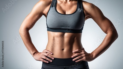 Young athletic woman on a gray background. pumped up abdominal muscles on the stomach of a girl, fitness trainer, athletic figure