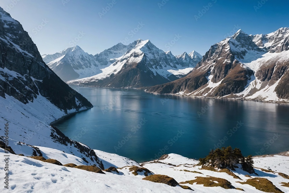 Scenic view of mountains and ocean in winter