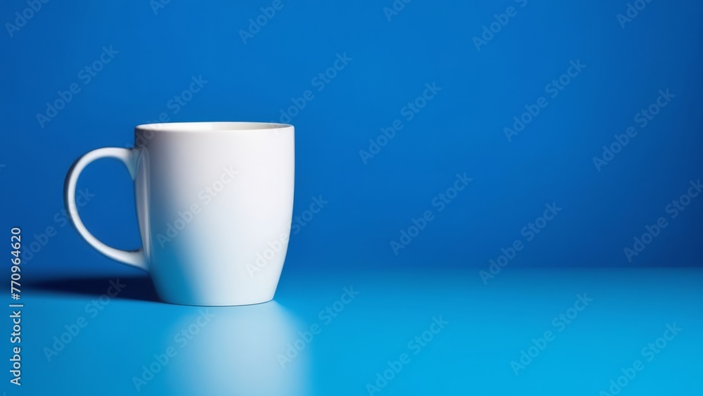 white mug stands on the left on a blue background white mug stands on the left on a blue background