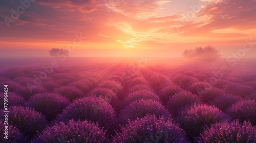 A field of lavender flowers with a beautiful sunset in the background. The sky is filled with clouds and the sun is setting  creating a warm and peaceful atmosphere