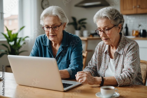 Elderly female friends using laptop on dining table at home