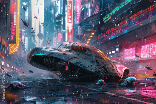 A futuristic cityscape with a crashed spaceship