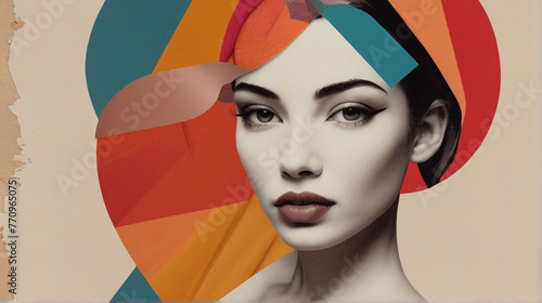 Abstract collage art composition of beautiful woman portrait, colorful wallpaper modern art. © triocean