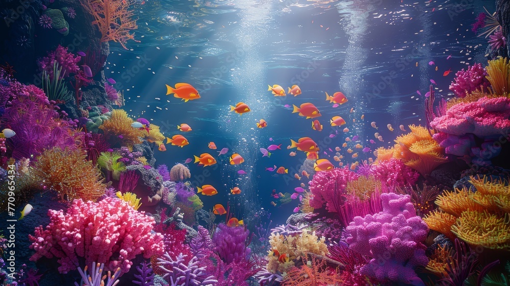 A colorful underwater scene with many fish swimming around. The fish are orange and the water is blue