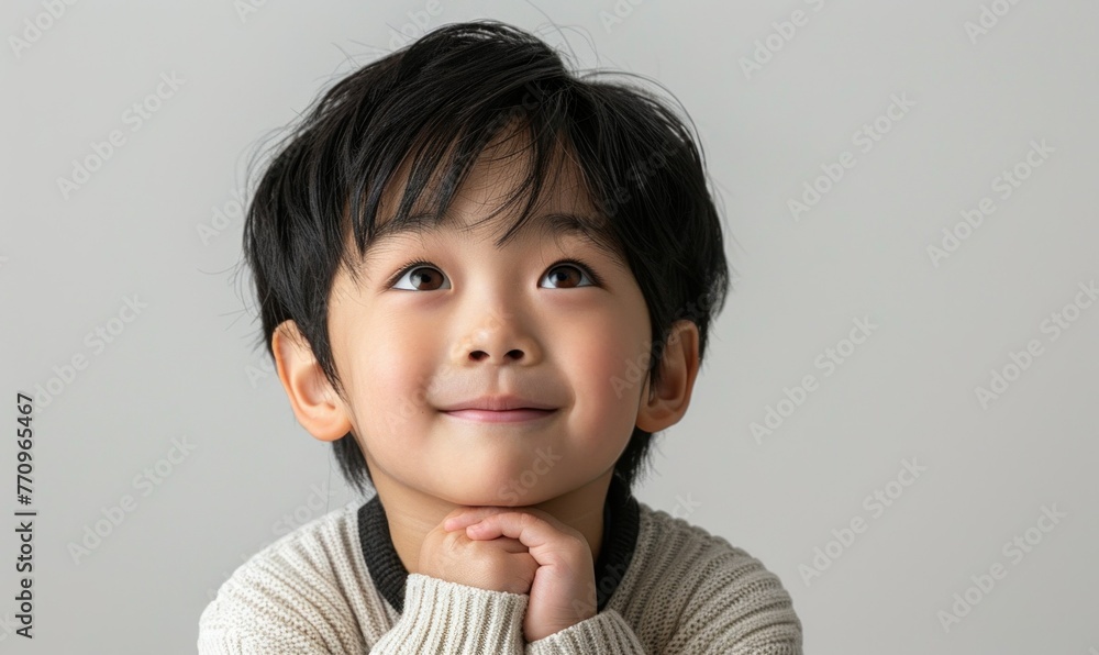 A smiling Chinese boy looks up in admiration, studio photograph on a white background illustrating a child's spontaneity and curiosity