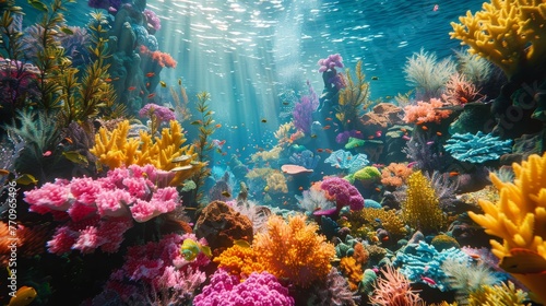 A colorful coral reef with many different types of fish swimming around. The bright colors of the fish and coral create a vibrant and lively atmosphere