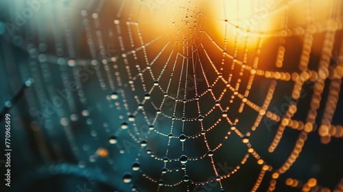 A spider web with water droplets on it. The web is very intricate and the water droplets add a sense of movement and life to the image photo