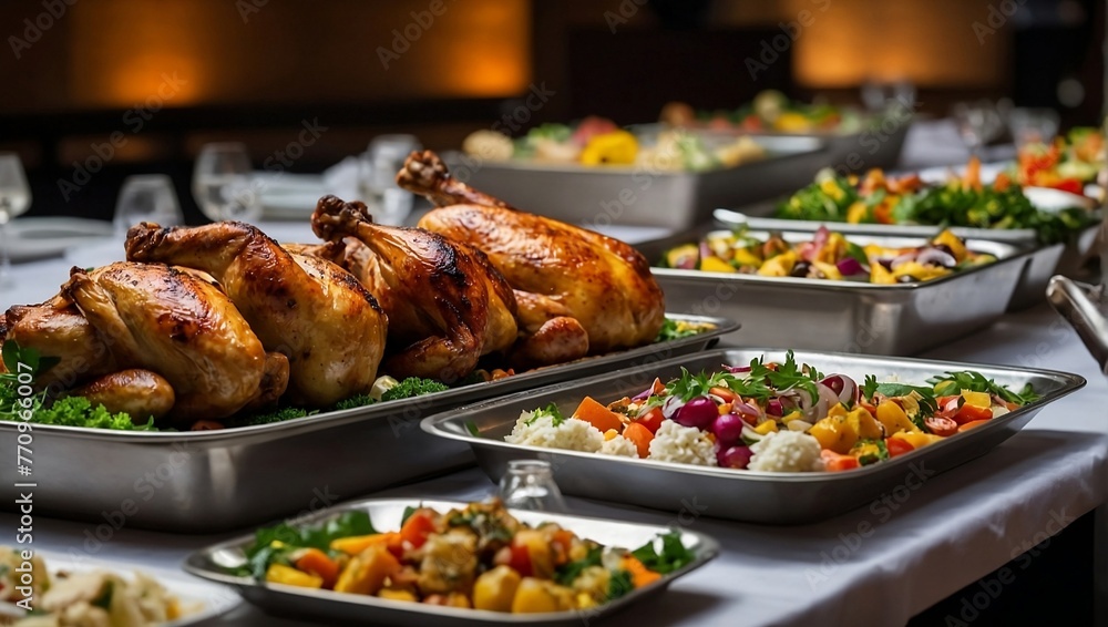 A buffet table with many dishes including chicken vegetables and rice. A buffet table with many dishes including chicken vegetables and rice.