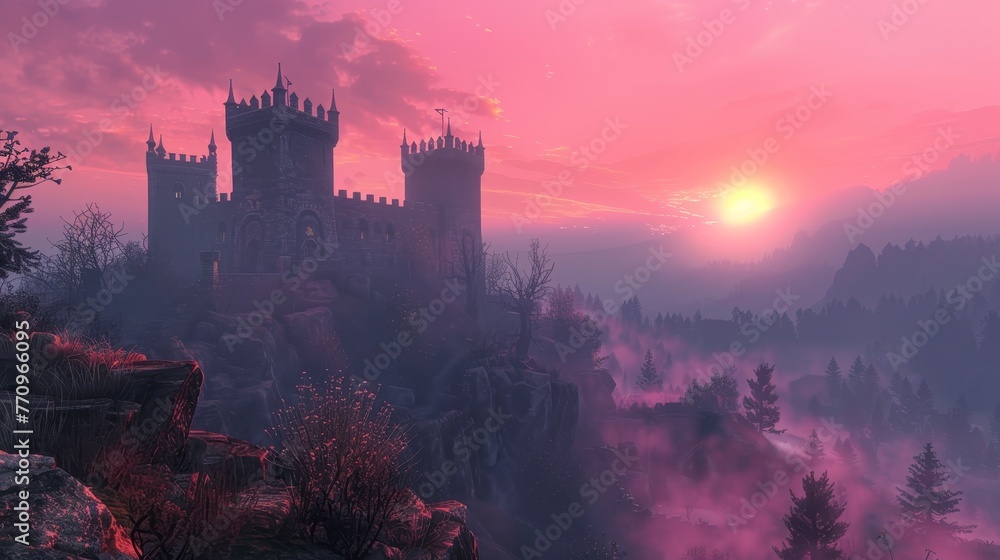 A castle with a pink sky in the background. The castle is surrounded by trees and has a foggy atmosphere