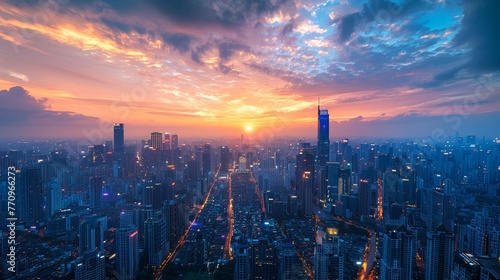 A city skyline with a beautiful sunset in the background. The sky is filled with clouds and the sun is setting  creating a warm and peaceful atmosphere